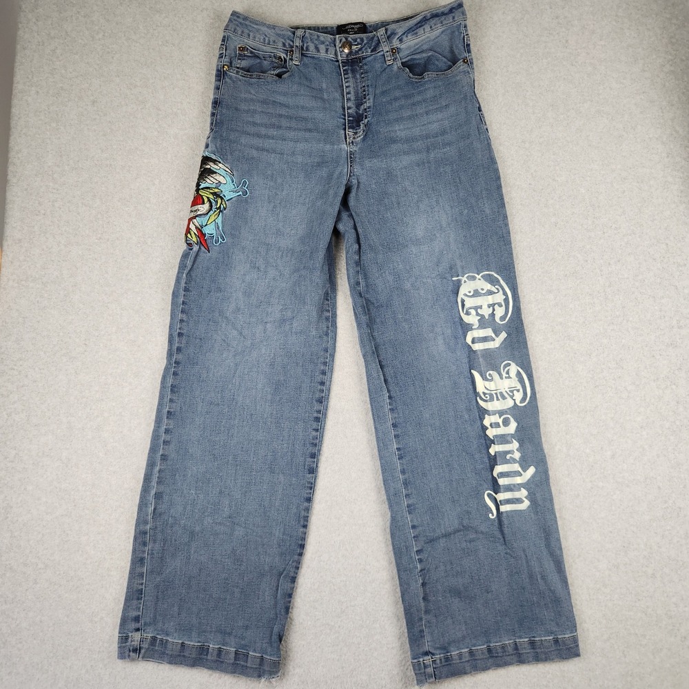 Ed Hardy Jeans Women's 32 Blue Wide Leg Tattoo Embroidered Eagle Heart Graphic